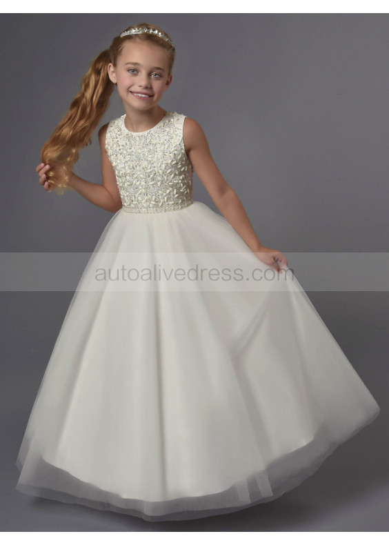Beaded Tulle Floor Length Wedding Flower Girl Dress